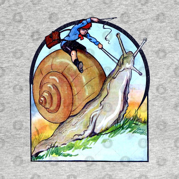 Cottagecore Vintage Little Boy Riding a Garden Snail Fantasy by Joaddo